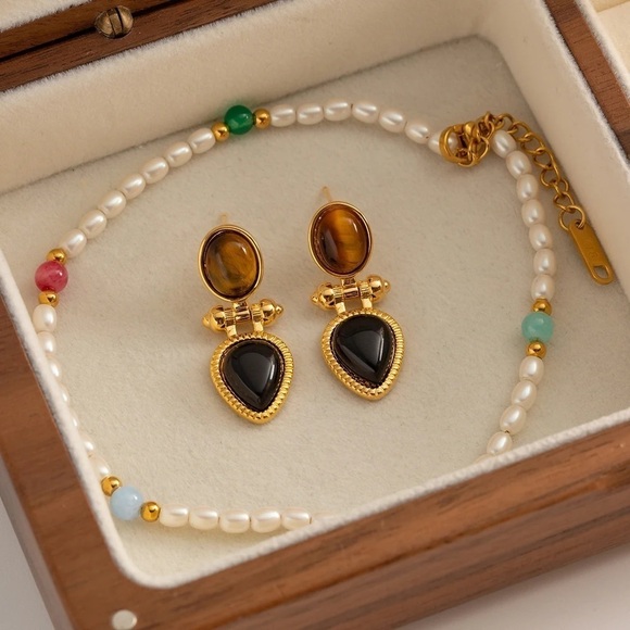 18K Gold Plated Natural Stone Tiger Eye Earrings - Picture 1 of 8